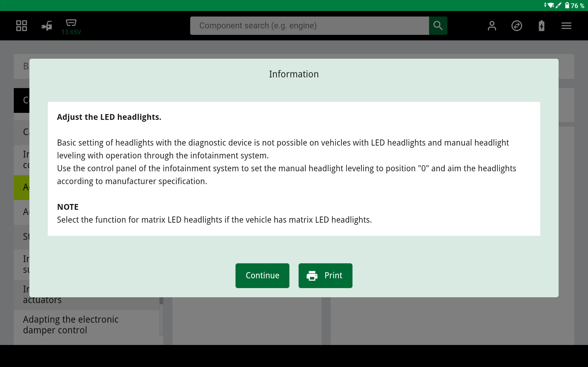 Hinweis im Diagnosegerät zur Vorgehensweise der Scheinwerfereinstellung 