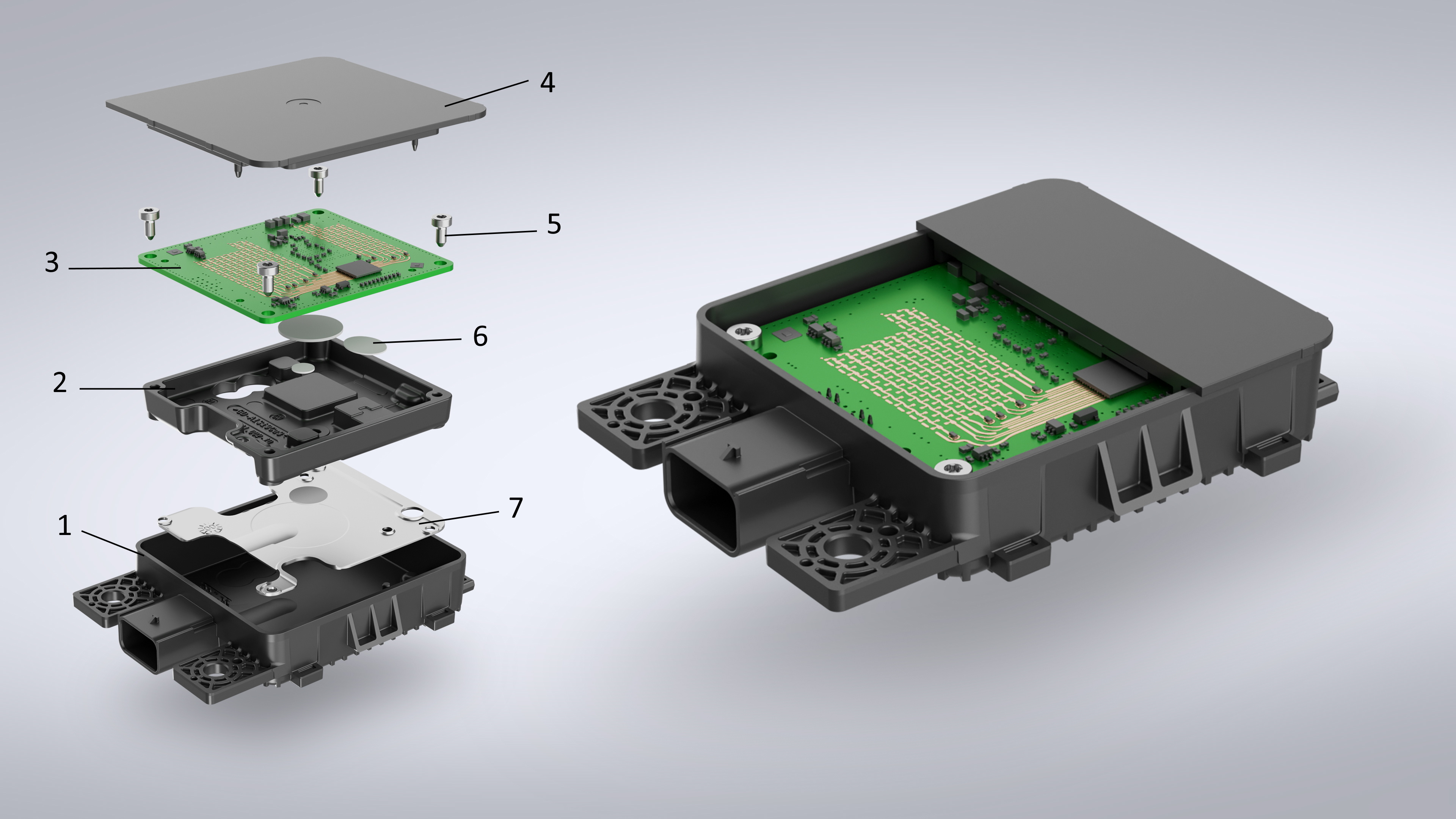 Exploded view of HELLA 77 GHz radar sensor featuring housing, printed circuit board, shielding and radome – automotive radar sensor design 