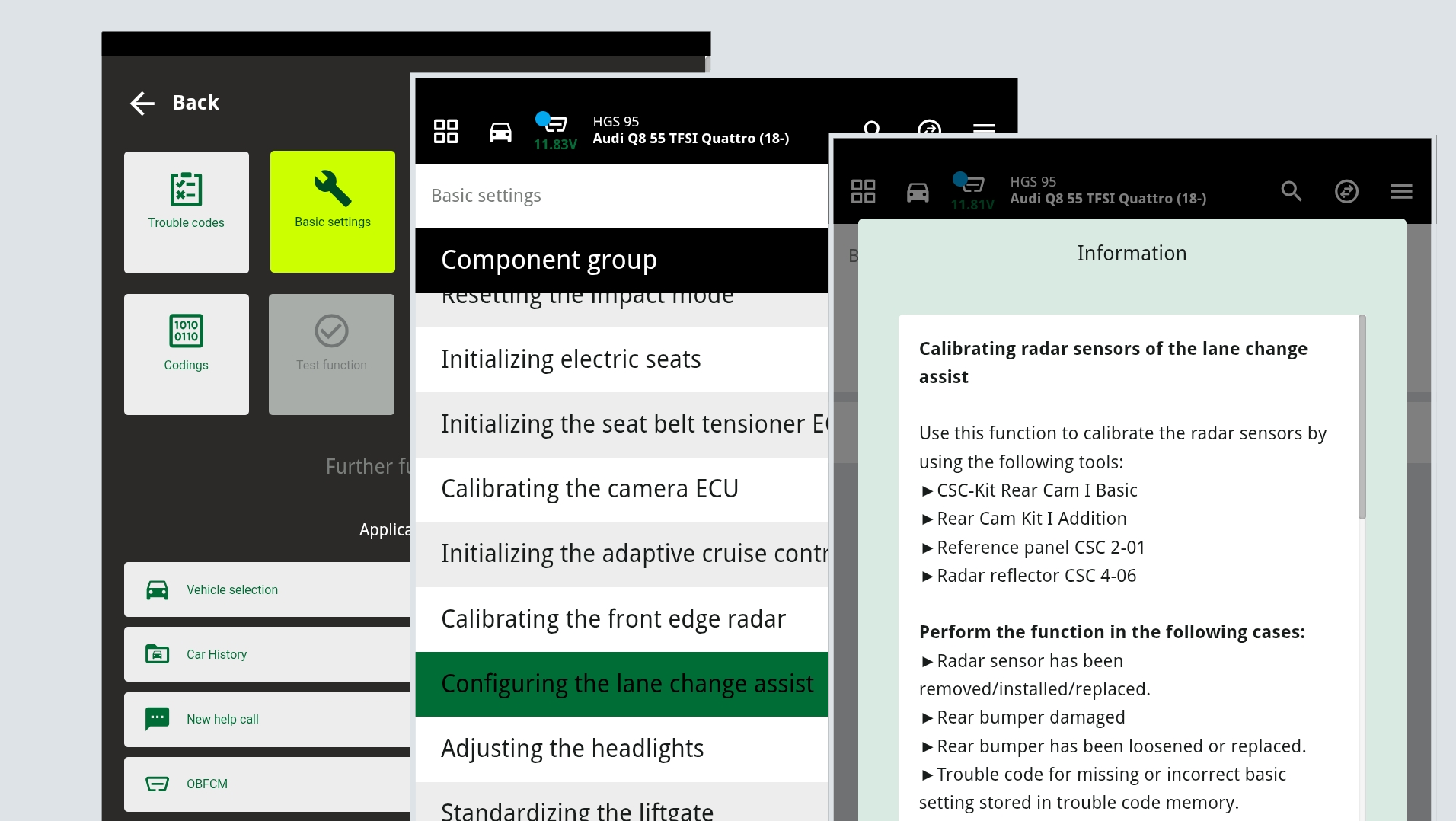 Basic setting and calibration of radar sensors using the diagnostics unit – setting up the lane change assistant in the vehicle 