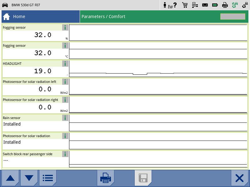Checking the rain sensor light sensor with the diagnostic tool: Parameter