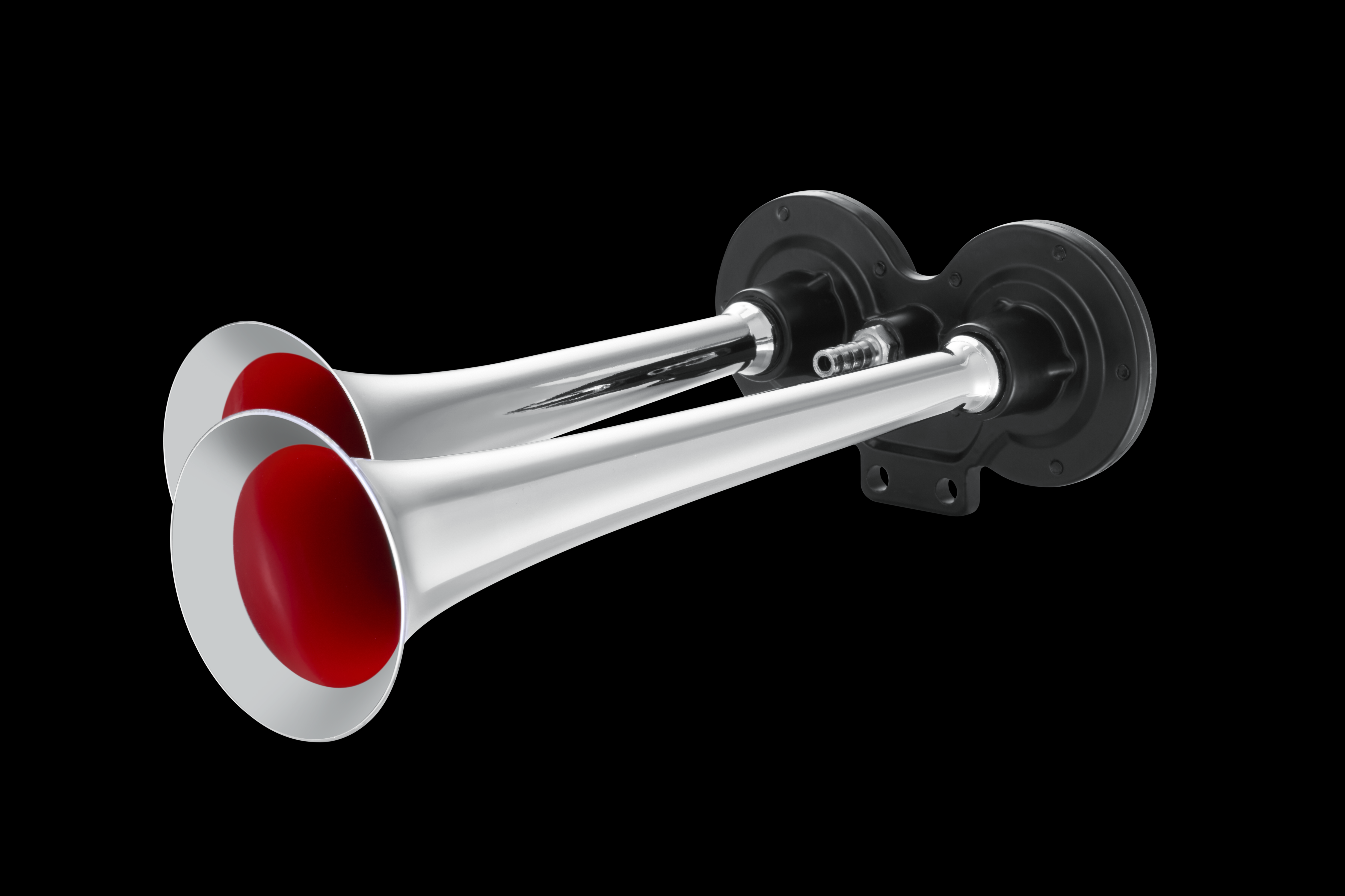 Zweiklang-Drucklufthorn mit verchromtem Trichter und separatem Kompressor – extrem laut, für 12 V und 24 V geeignet.