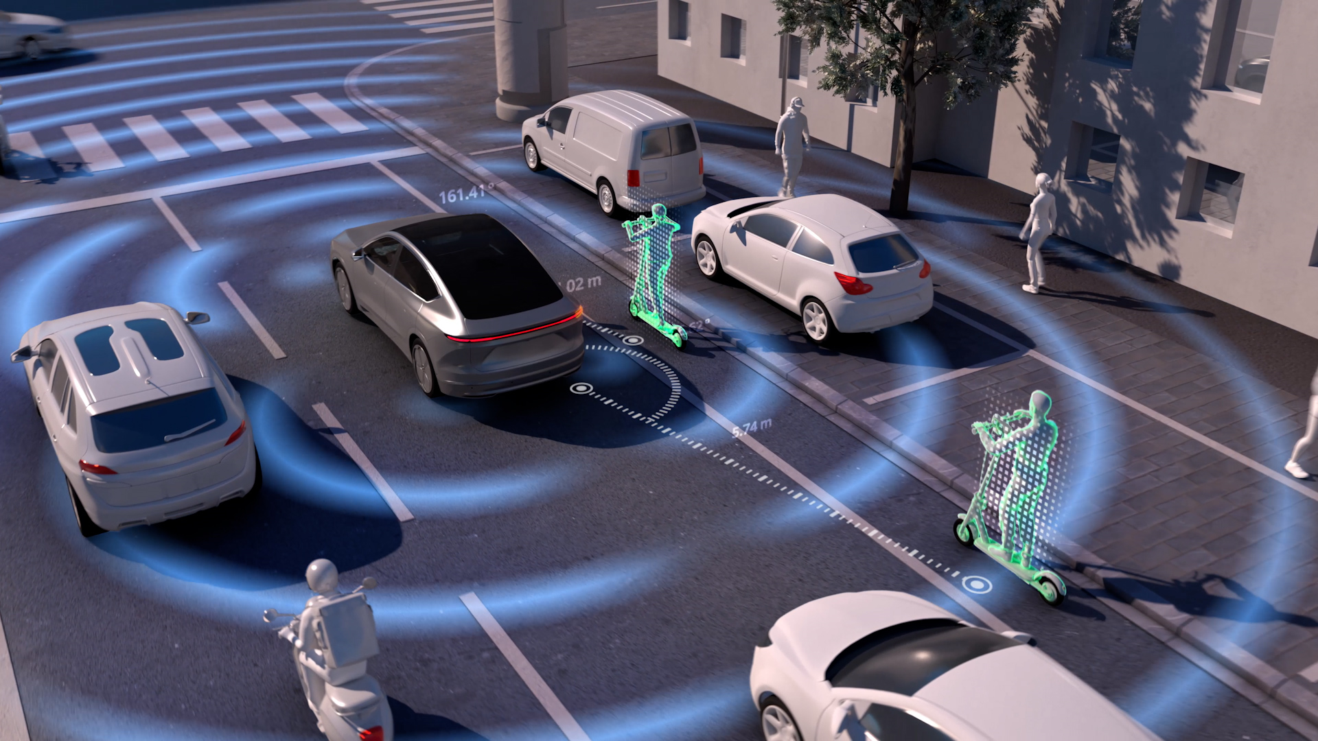 Fahrzeug mit aktivem ADAS-System erkennt Fußgänger und E-Scooter im Stadtverkehr durch Radar- und Sensorsignale – Beispiel für autonomes Fahren und Sensorfusion