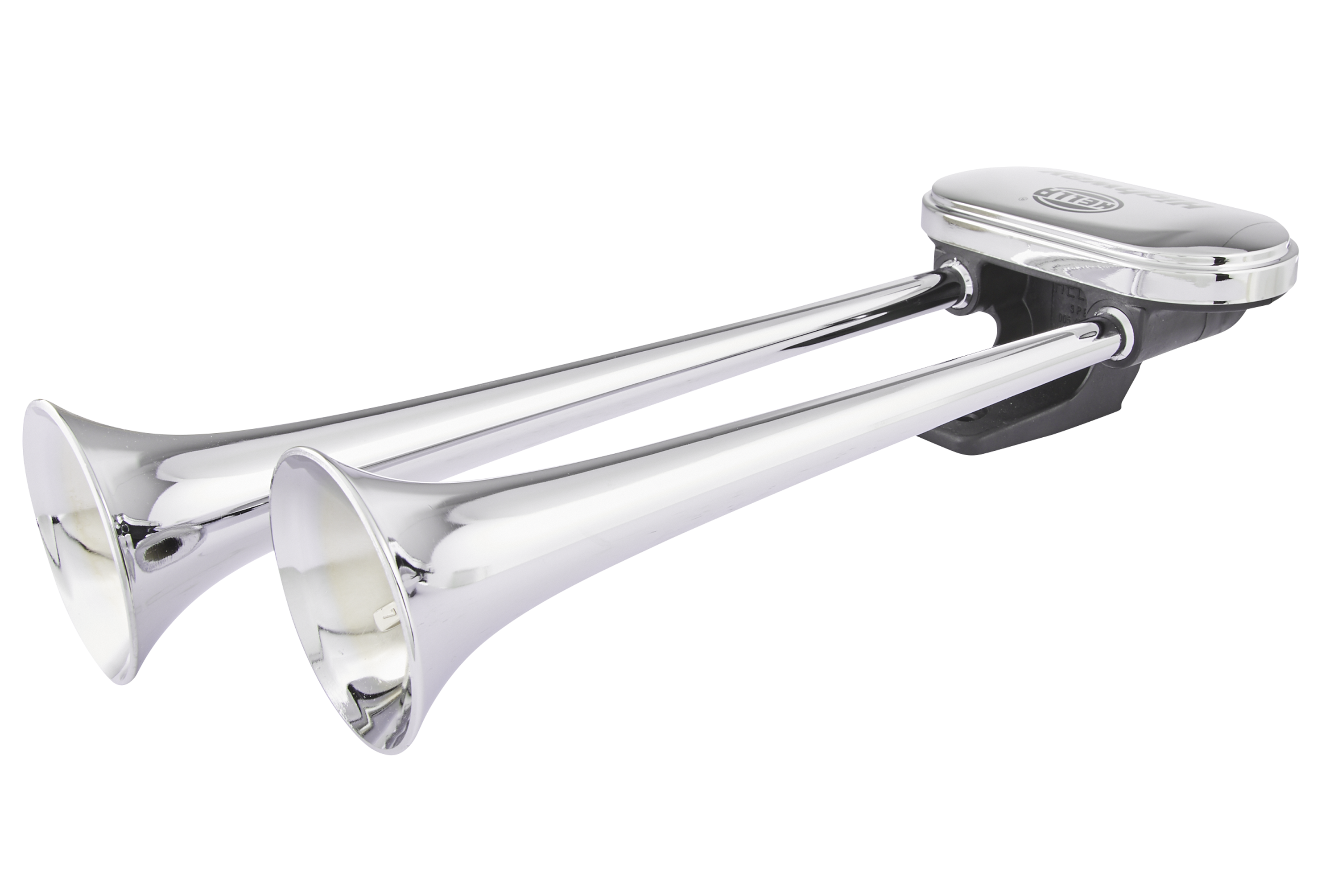 Zweiklang-Drucklufthorn mit starkem Klang, verchromten Trichtern & Montagesatz – für Fahrzeuge mit Druckluftbremsanlage.