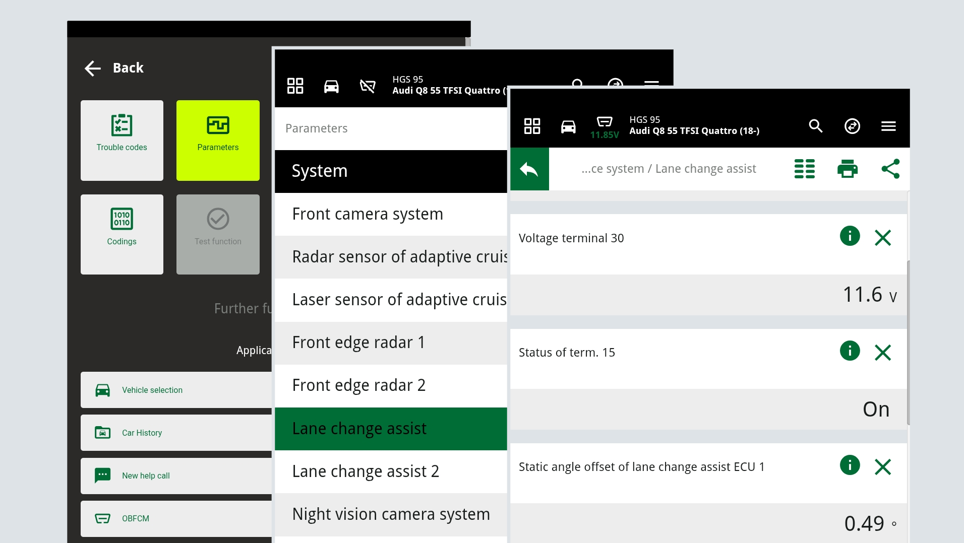 Live parameter indication of a 77 GHz radar sensor in the diagnostics unit – ADAS system voltage and status values 