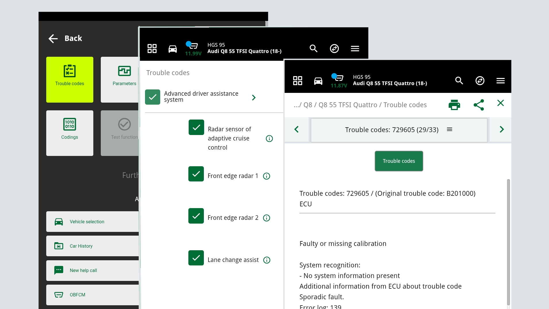 Diagnostics view in HELLA Gutmann Tester – reading out a fault code for lane change assistant radar sensors 