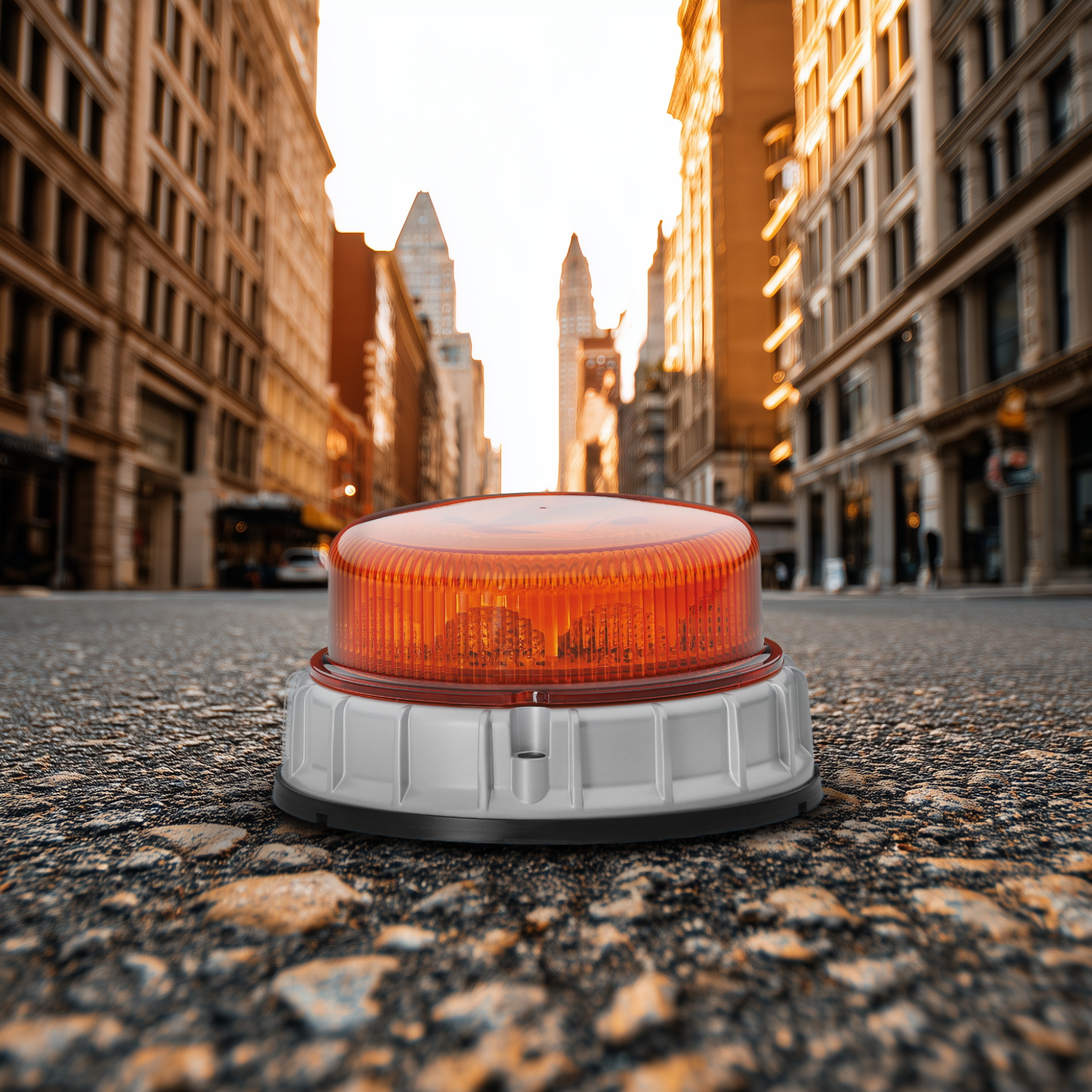 Compact LED beacon with day/night mode, flashing or rotating signal, extremely rugged.