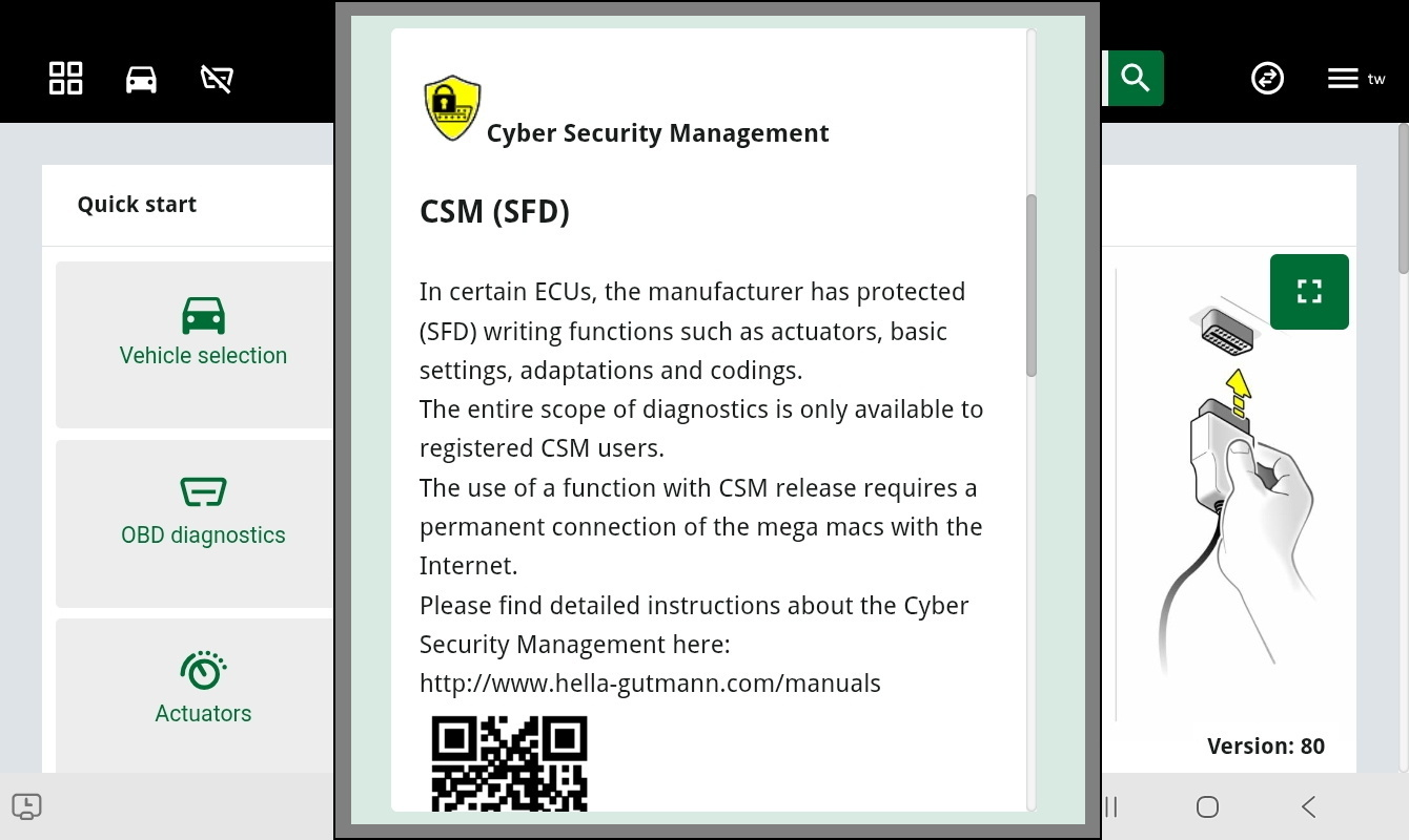 Anzeige des Cyber Security Managements (CSM) im Diagnosegerät – erklärt, wie Sicherheitsfreigaben (SFD) den Zugriff auf Fahrzeugsysteme schützen und nur registrierten Nutzern offenstehen