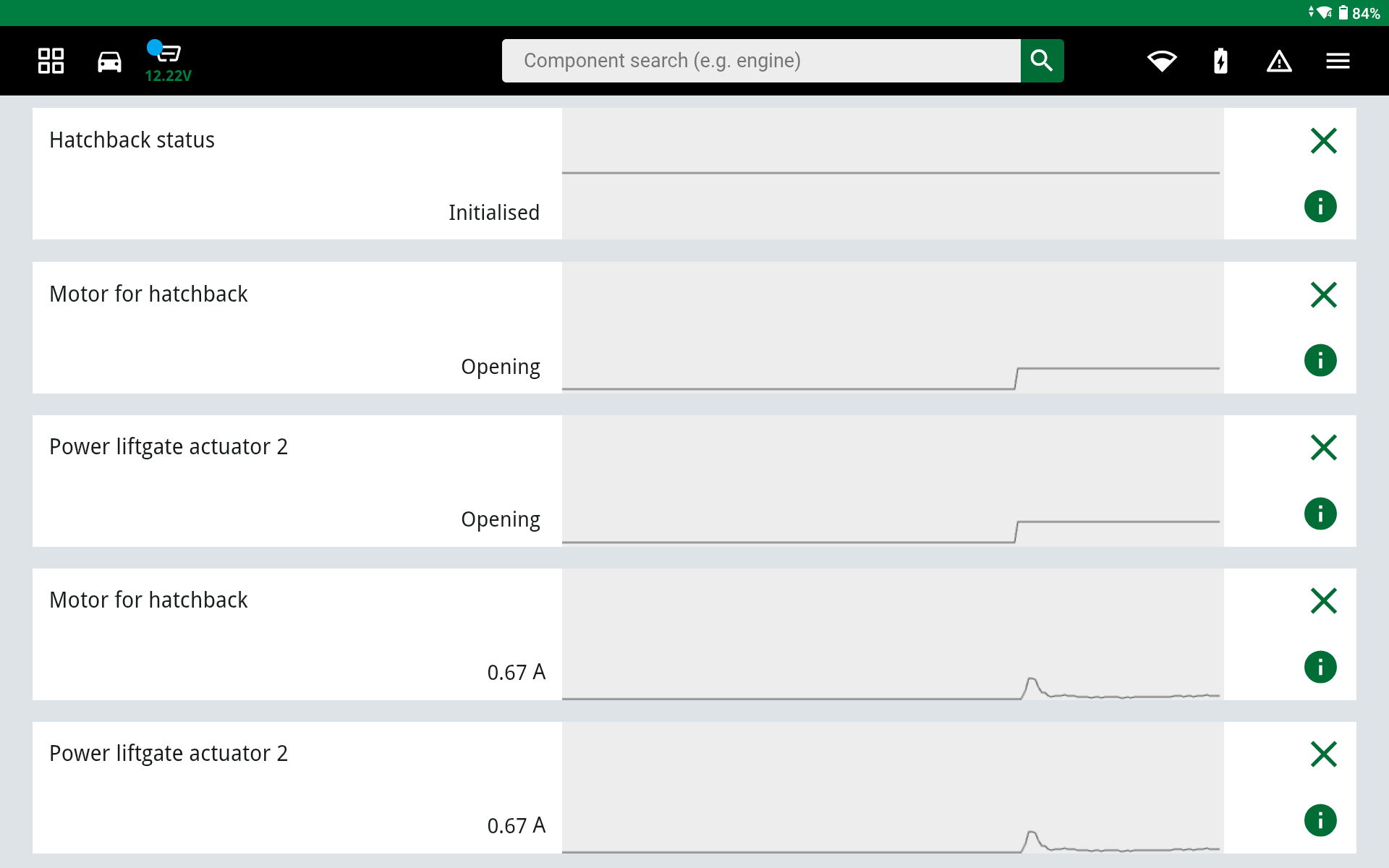 An illustrative example of the parameter query during the opening process, showing the system status and the current consumption of the actuators.
