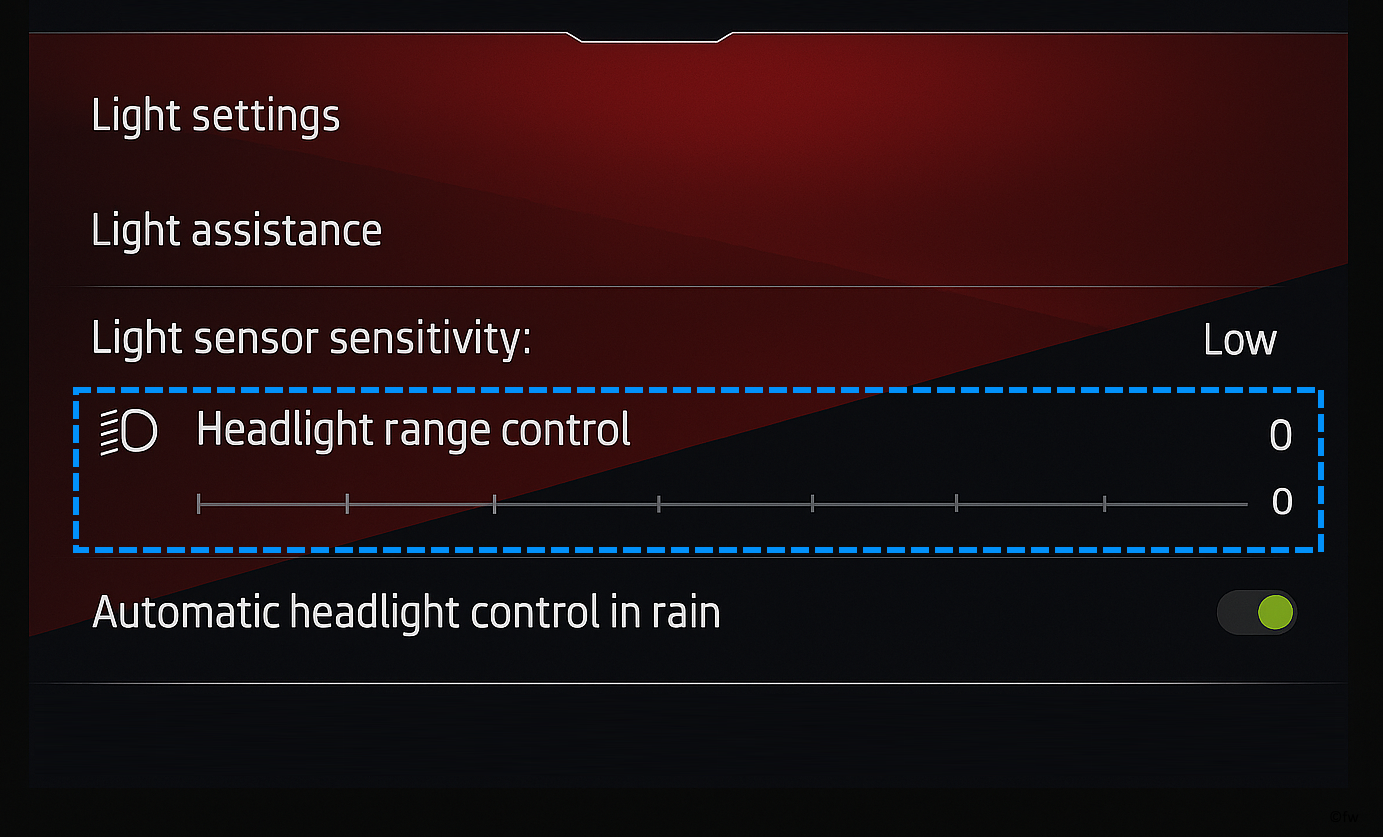 Beispielhafte Darstellung: In diesem Menüpunkt kann die automatische Leuchtweitenregulierung auf den Wert null gesetzt werden.