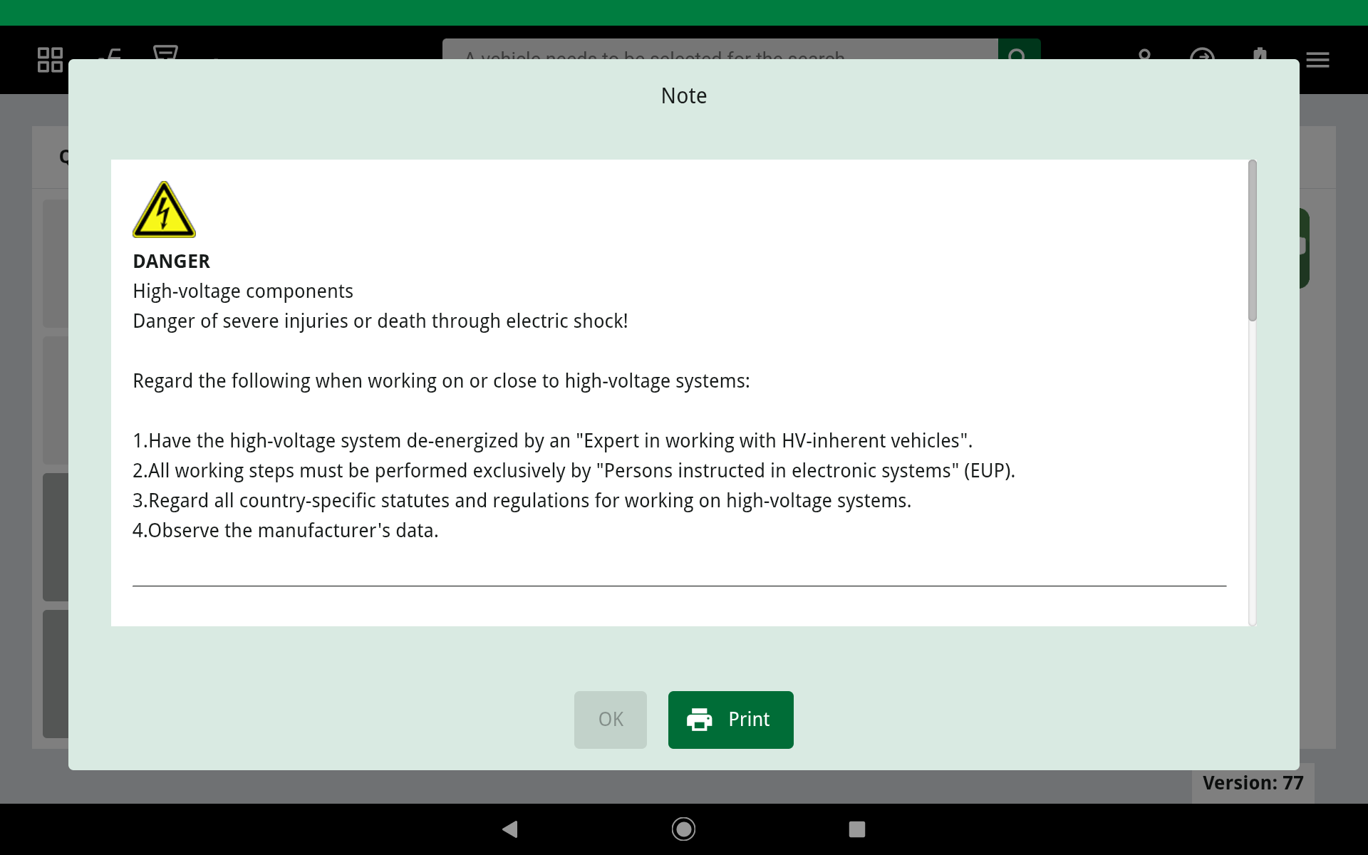 After selecting the vehicle, safety instructions are displayed in the diagnostic unit