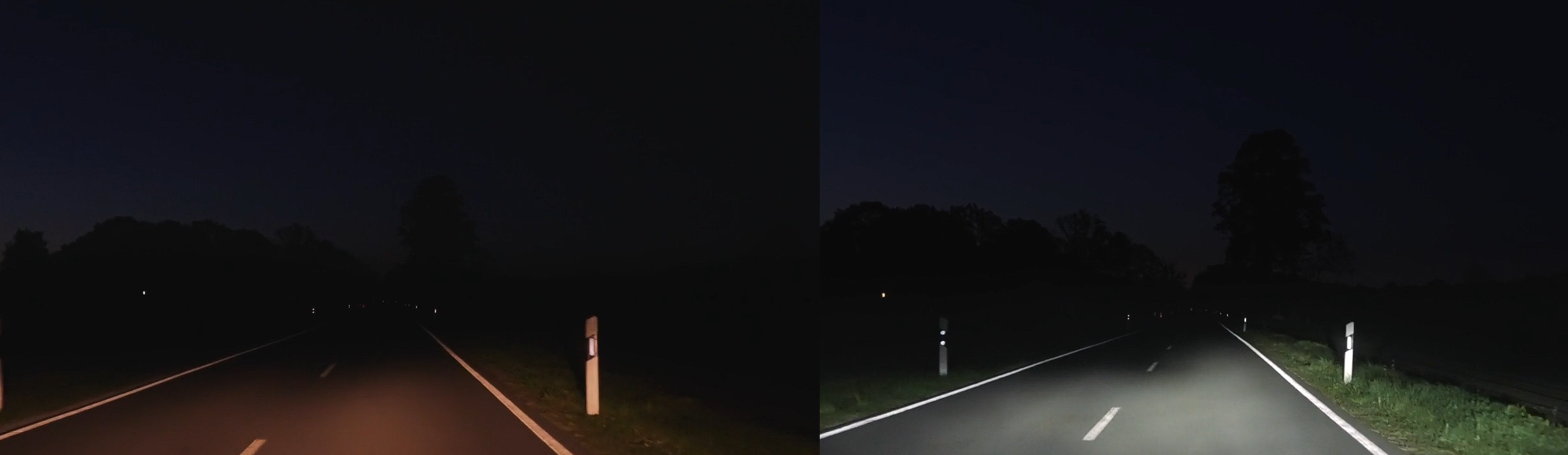 Links: Standard Halogen-Glühlampe; Rechts: HELLA Street Legal LED H7