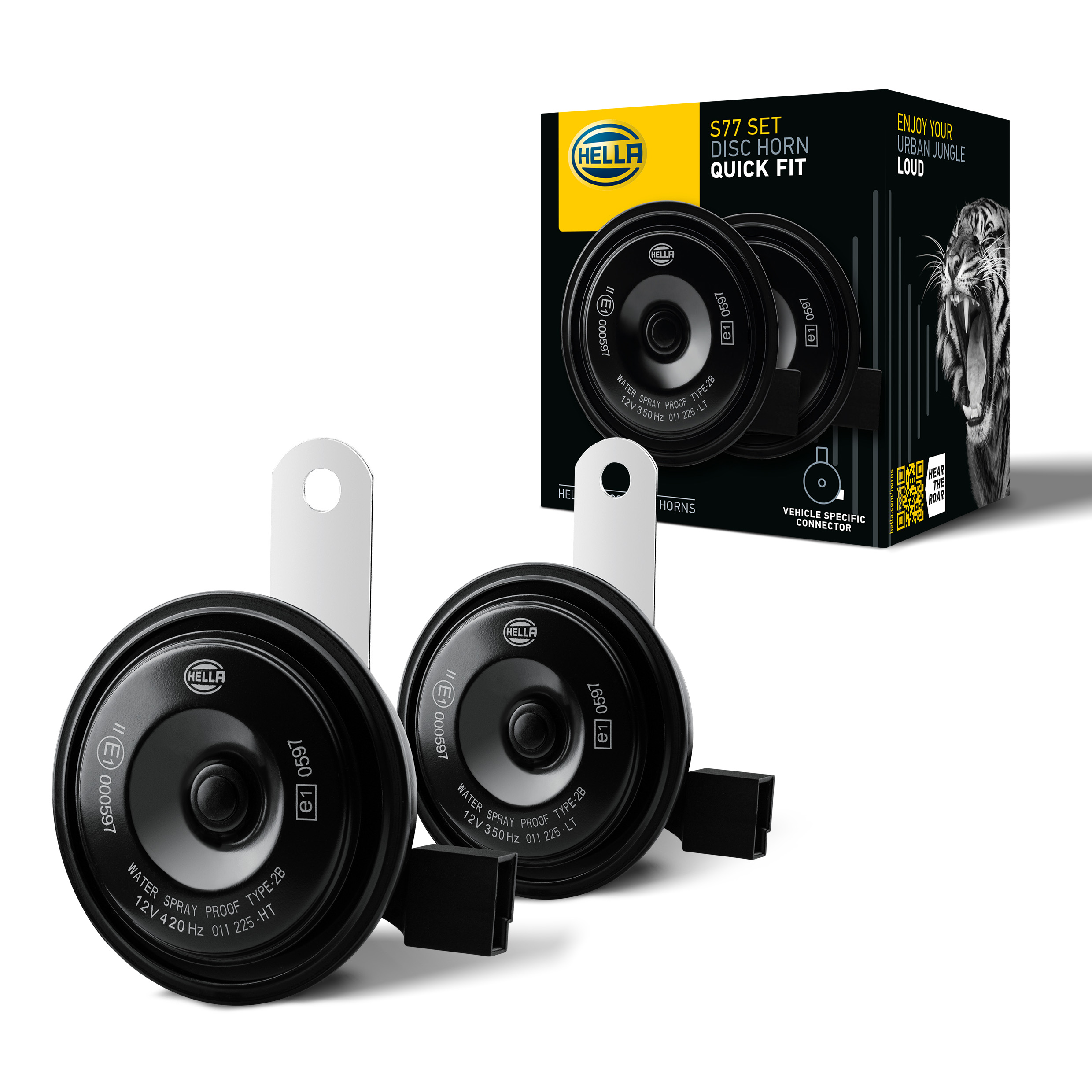 Bocina de disco de montaje rápido con conector original para una instalación sencilla y un sonido potente en aplicaciones específicas para cada vehículo.