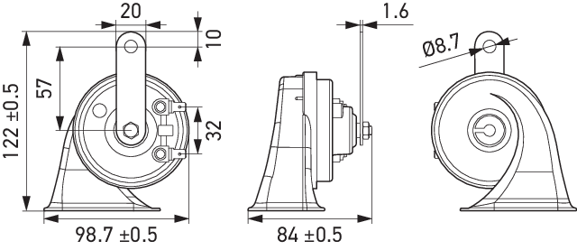 Quick fit trumpet horn with OE connector for easy installation and loud acoustic signaling to improve road safety.