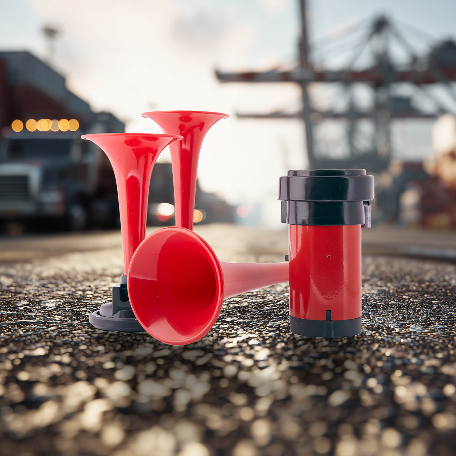 Loud, three-tone fanfare with high-performance compressor – ideal for vehicles without an on-board compressed-air system.