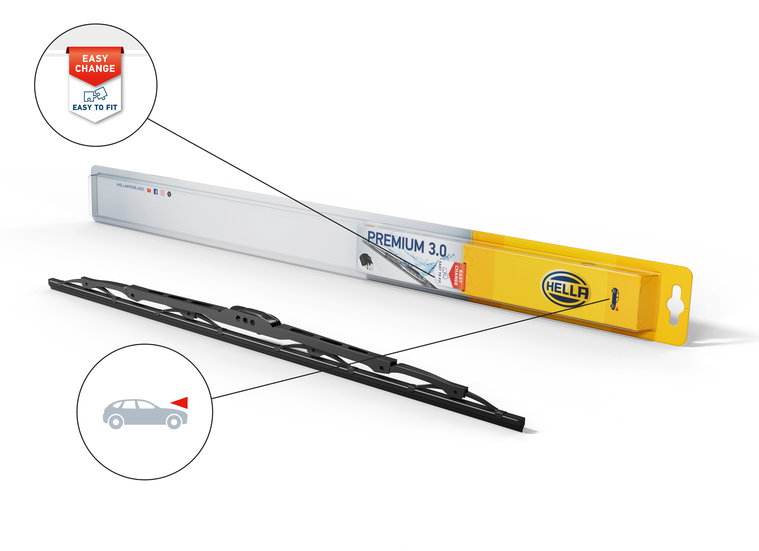 HELLA Premium 3.0 Wiper blades provide streak-free visibility, quiet operation and long-lasting performance with graphite-coated rubber, durable metal construction and the EASY CHANGE system