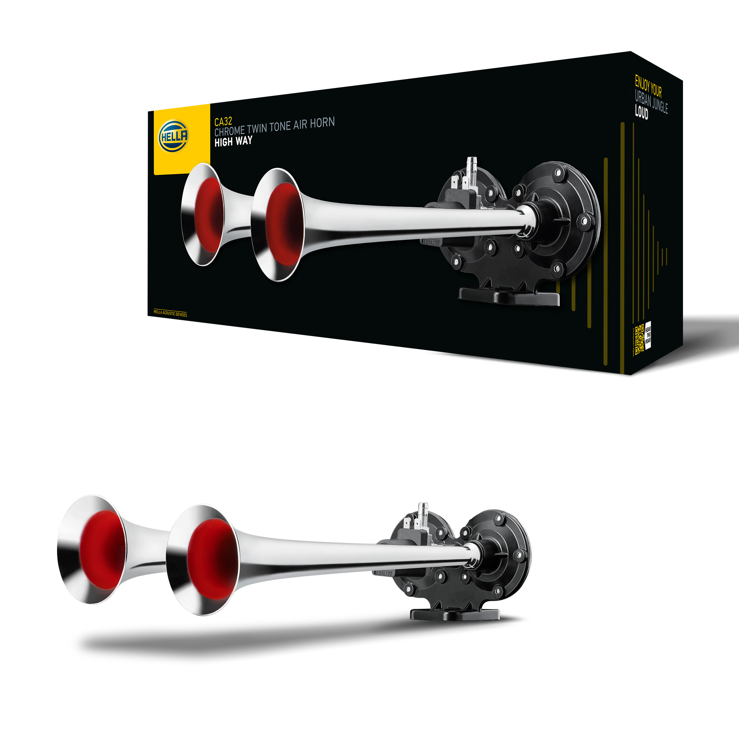 Verchromtes Zweiklang-Drucklufthorn mit durchdringendem Ton – ideal für Nutzfahrzeuge mit Druckluftbremsanlage.
