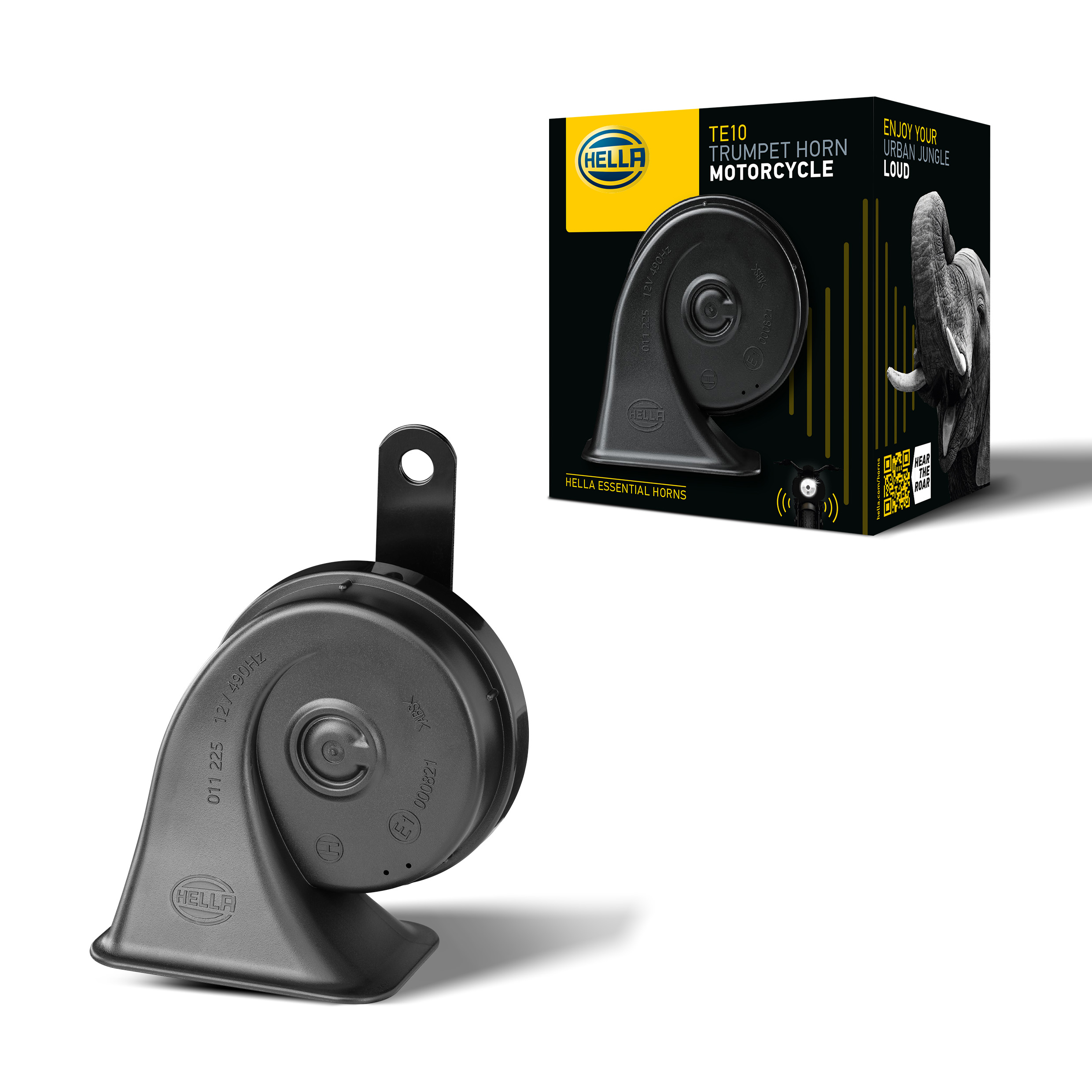 Compact motorcycle trumpet horn with strong bass and wide sound projection for improved safety on the road.