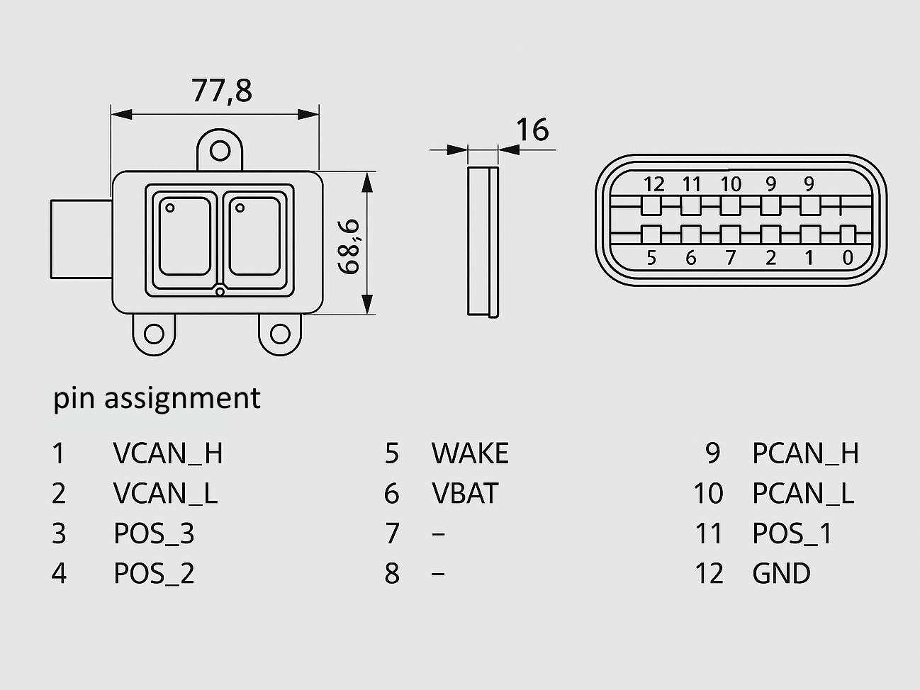 Connector and pin assignment of a HELLA 77 GHz radar sensor – CAN bus, power supply and ground connections 