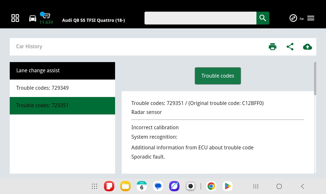 Anzeige von ADAS-Fehlercodes im Diagnosegerät – zeigt Radarsensor-Kalibrierungsfehler und Systemhinweise zur Fehlersuche über die OBD-Schnittstelle.