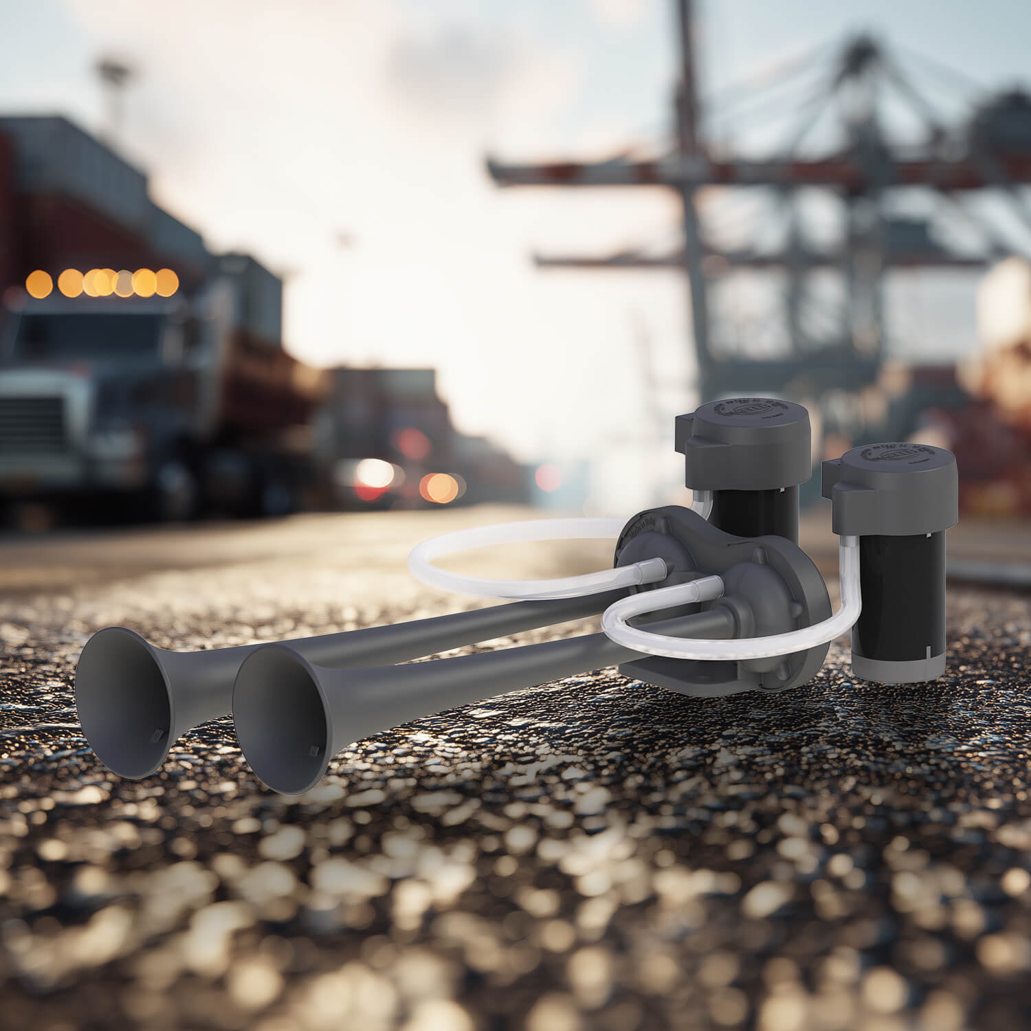 Powerful compressed-air horn with two compressors and deep blaster sound – flexible installation and maximum warning effect