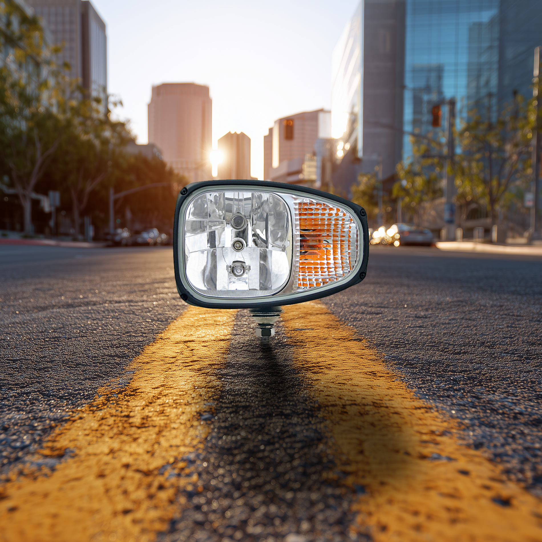 Rugged halogen combination headlamp with integrated position light that can also be installed on vertical surfaces, for 12 V and 24 V.