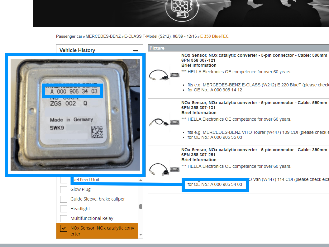  Ce n'est qu'en comparant avec la référence OE que le capteur NOx approprié peut être attribué.