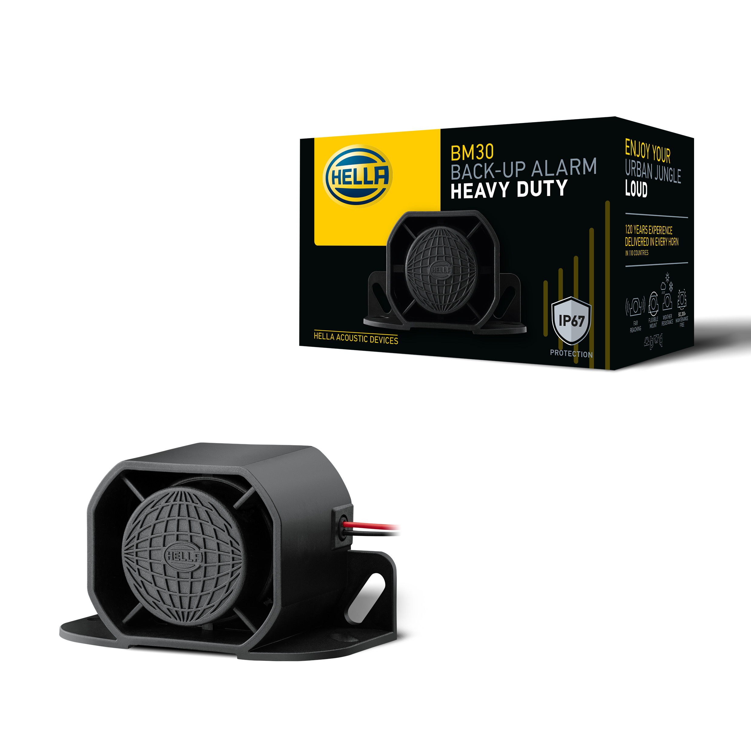 Extrem robuster Rückfahralarm für Baustellenfahrzeuge – Heavy-Duty-Ausführung mit Epoxid-Schutz und Montagewinkel.