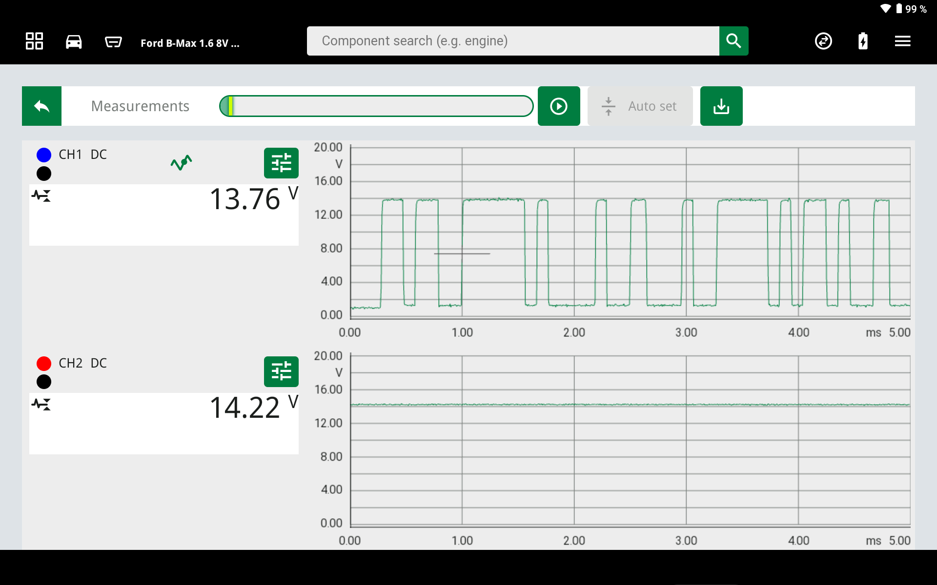 Foto instantánea de la señal LIN y de la tensión del alternador, medida directamente en el alternador