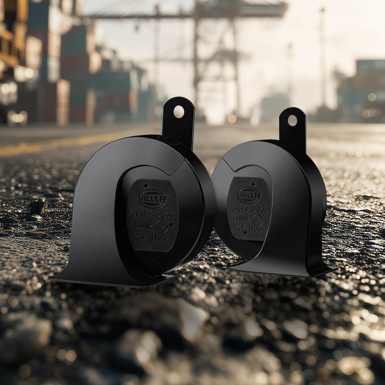 Powerful 24V trumpet horn with harmonious sound and wide sound radiation for maximum safety.