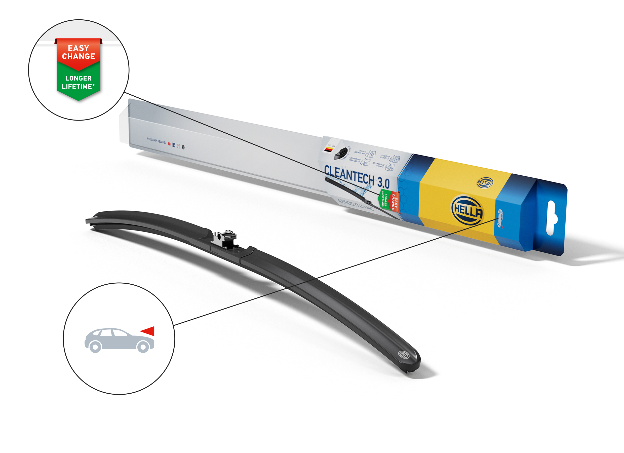 HELLA Cleantech 3.0 flat wiper blades deliver outstanding visibility, quiet wiping performance and long-lasting durability with A+ rubber, PTFE coating and an aerodynamic design.